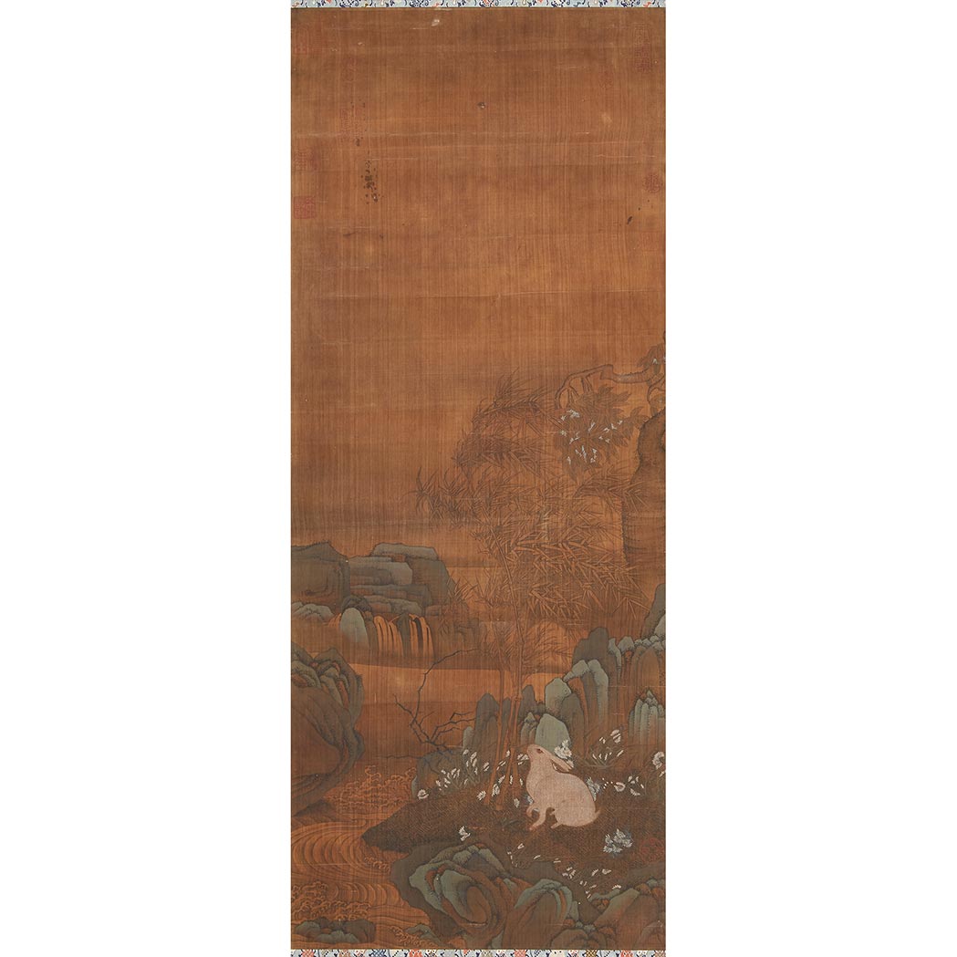 Appraisal: Chinese School Hanging scroll white rabbit amid bamboo and rockwork