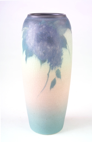 Appraisal: ROOKWOOD Vellum vase painted by Fred Rothenbusch with purple blossoms