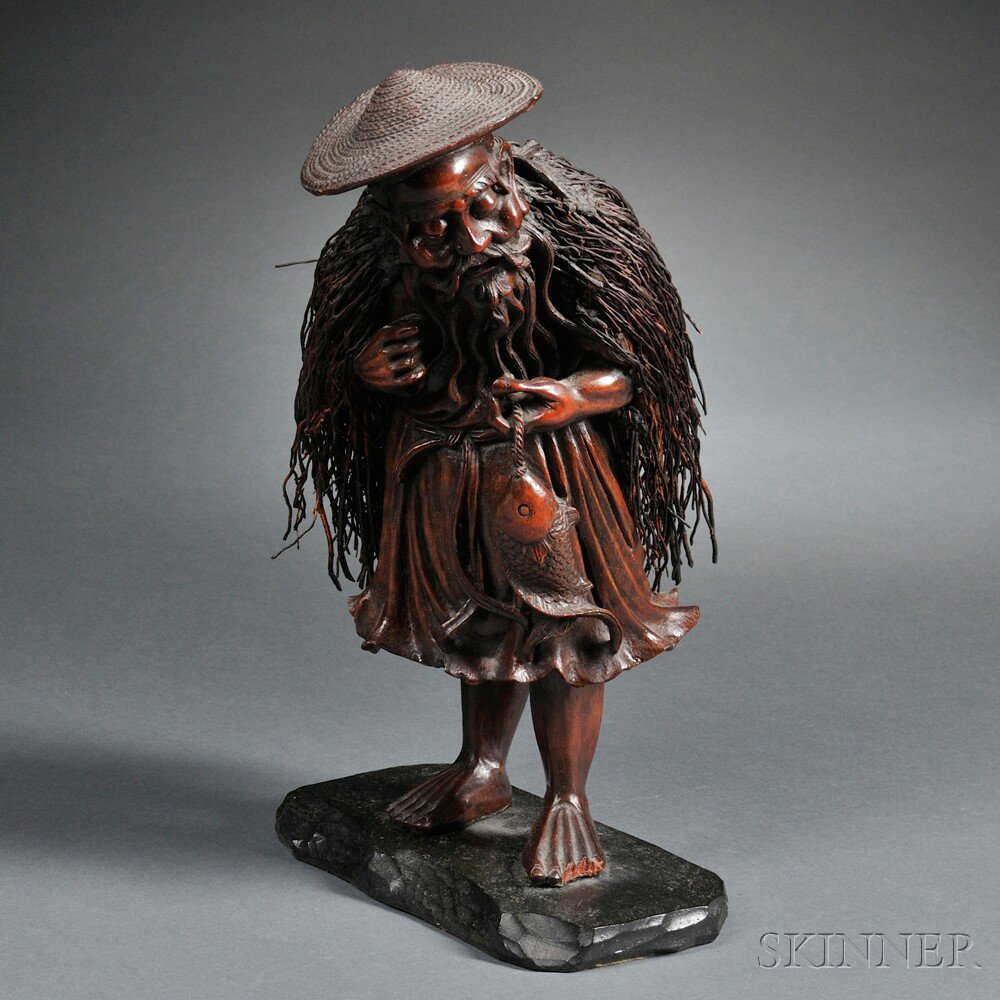 Appraisal: Bamboo Figure of a Fisherman Japan th century depicted wearing