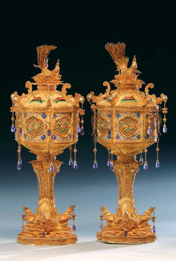 Appraisal: PAIR CHINESE SILVER MINIATURE LANTERNS Pair Chinese silver gilt filigree