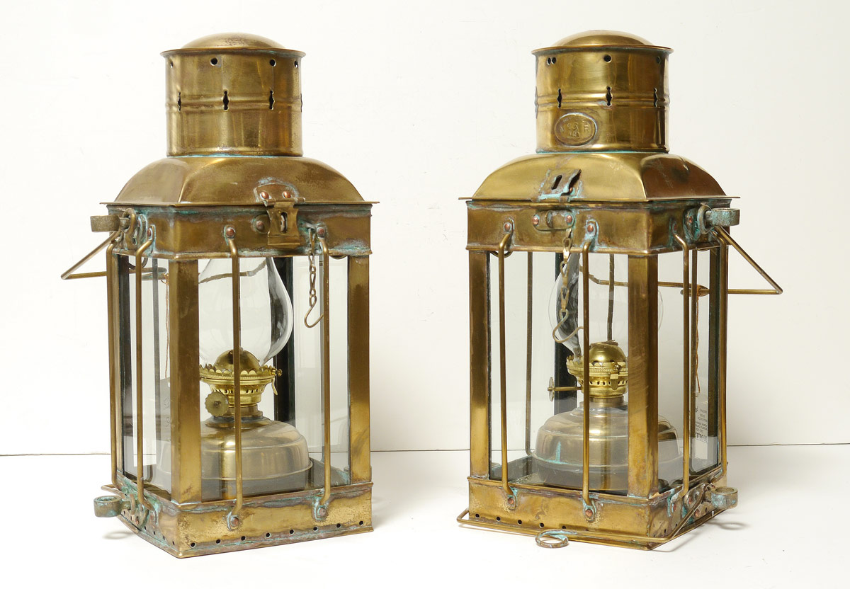 Appraisal: PAIR NEPTUNE BRASS SHIPS LANTERNS Brass and copper with original