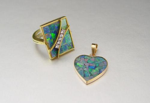 Appraisal: HEART SHAPED OPAL MOSAIC PENDANT AND RING K yellow gold