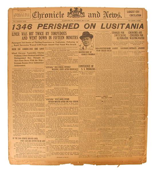 Appraisal: LUSITANIA items Allentown PA Chronicle and News vol no May