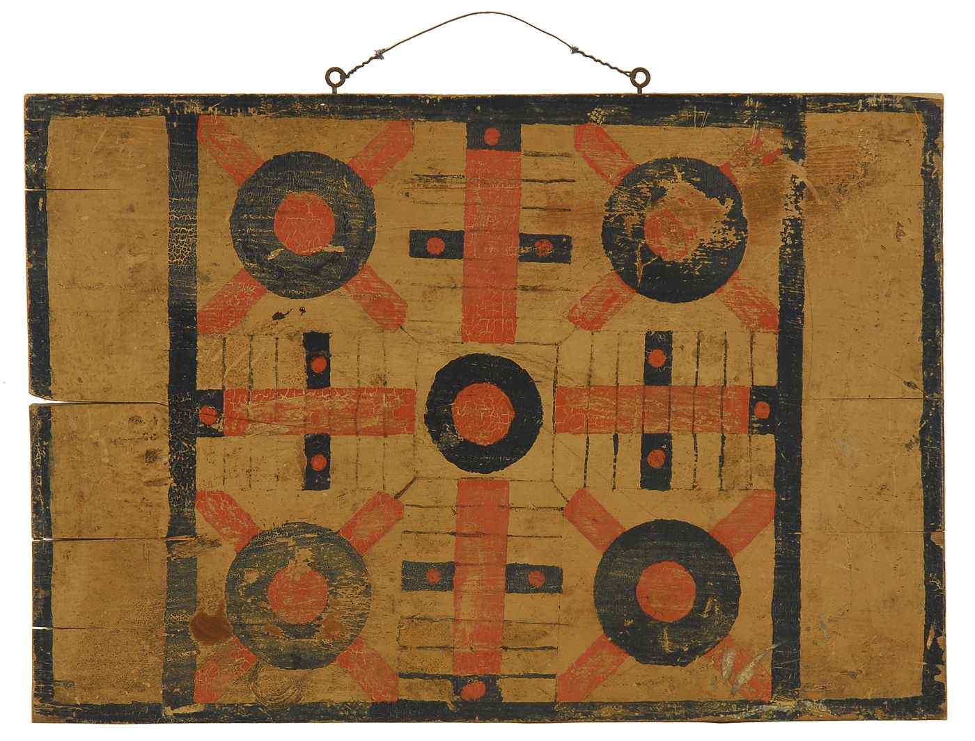 Appraisal: PRIMITIVE UNFRAMED DOUBLE-SIDED MUSTARD-PAINTED GAMEBOARDEarly th CenturyWith twelve-by-twelve square game