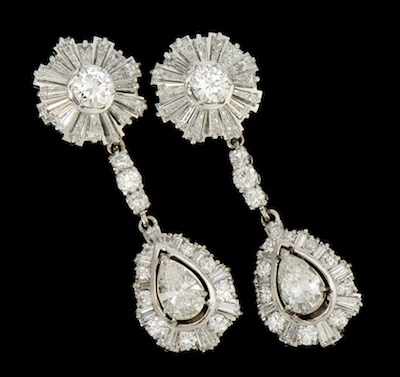 Appraisal: A Pair of Platinum and Diamond Pendant Earrings Platinum and