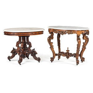 Appraisal: Two Renaissance Revival Carved Mahogany Marble Top Center Tables Circa