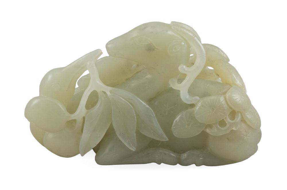 Appraisal: CHINESE OPEN-CARVED CELADON JADE FIGURE GROUP TH CENTURY HEIGHT LENGTH