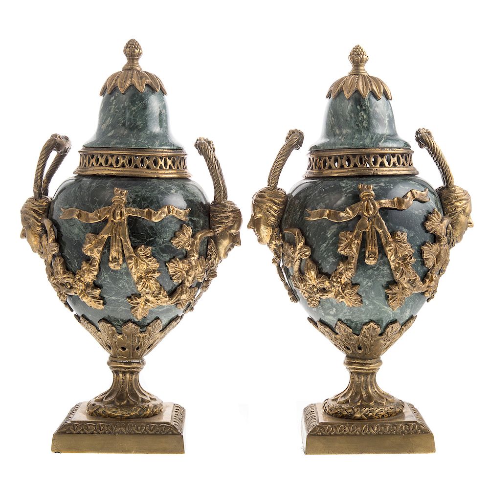 Appraisal: Pair Louis XVI style diminutive cassolettes th century green marble