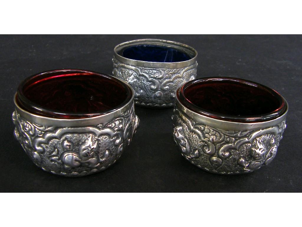 Appraisal: Set of three Indian white metal table salts each embossed