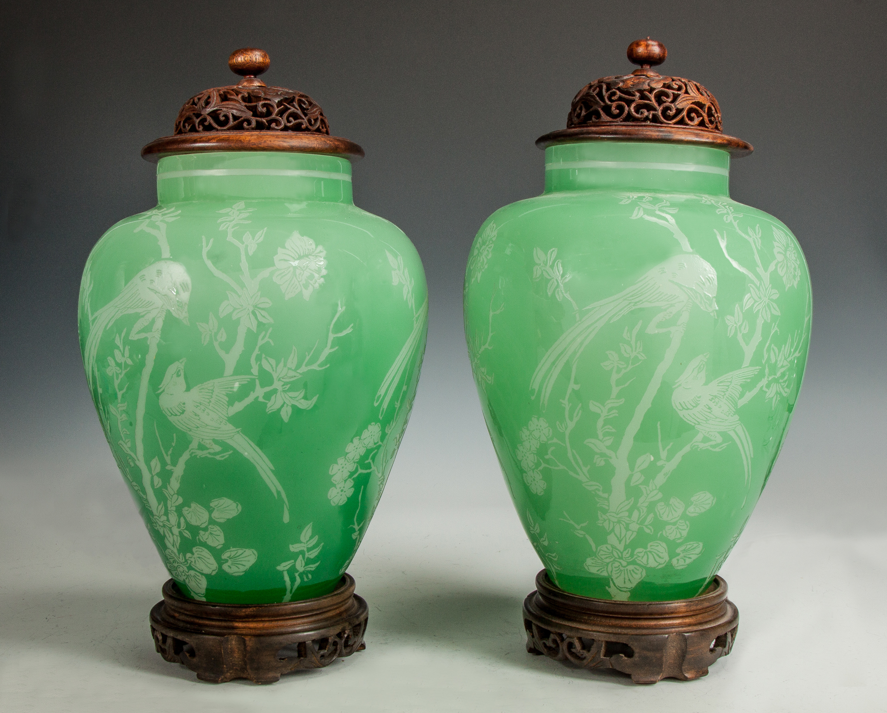 Appraisal: Pair of Steuben Jade Cut to Alabaster Lamps with Birds