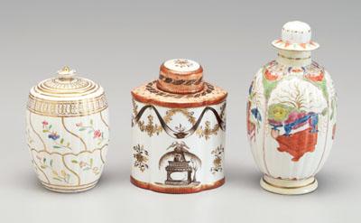 Appraisal: Three porcelain tea canisters one with barrel-shaped reeded body floral