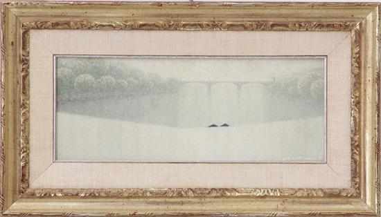 Appraisal: American school th century SNOWY LAKE WITH BRIDGE oil on