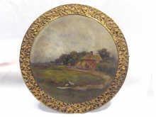 Appraisal: A tole ware oil painting on tin depicting a rural