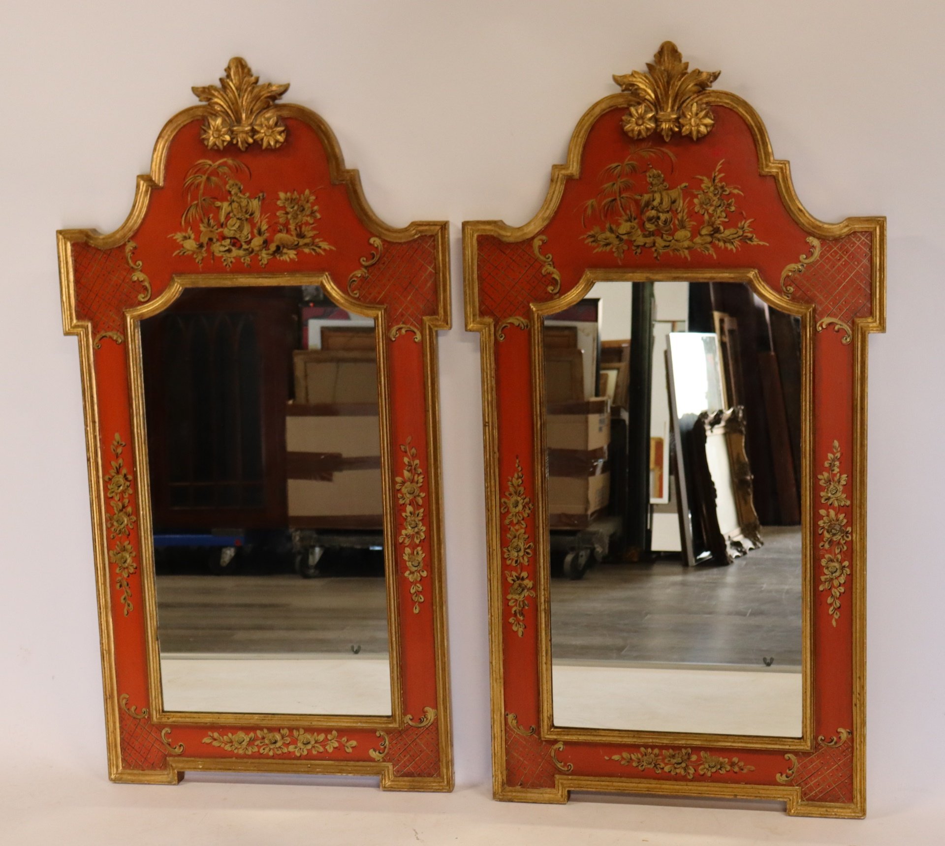 Appraisal: A VINTAGE PAIR OF PAINT GILT CHINOISERIE Decorated Mirrors Good