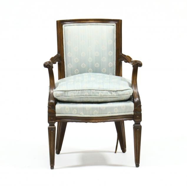 Appraisal: ATTRIBUTED BAKER ITALIANATE DIRECTOIRE ARMCHAIR th century fruitwood frame with