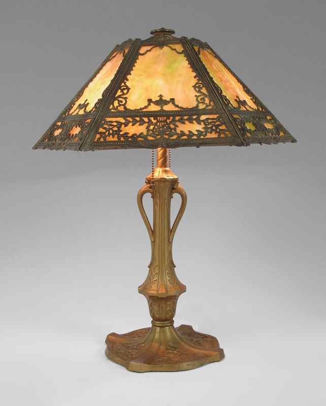 Appraisal: VINTAGE SLAG GLASS TABLE LAMP panel multi hued slag glass