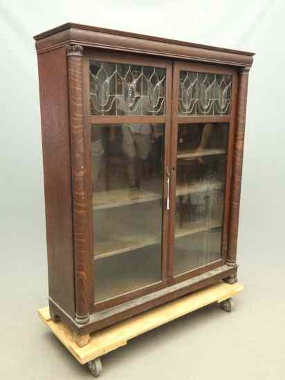 Appraisal: Victorian oak leaded glass doors china cabinet '' W ''