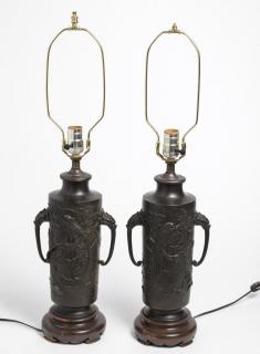 Appraisal: Asian Bronze Table Lamps Pair Chinese or Asian bronze table