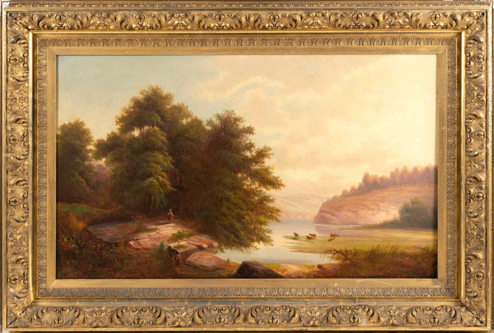 Appraisal: AMERICAN SCHOOL TH CENTURY EXPANSIVE MOUNTAIN RIVER LANDSCAPE WITH FIGURES