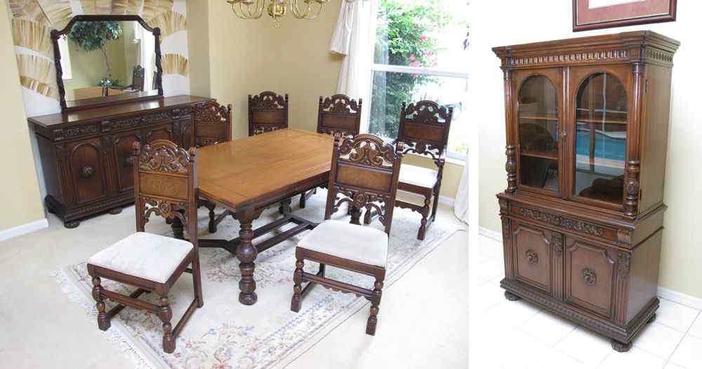 Appraisal: 'S JACOBEAN STYLE DINING SET Includes draw leaf table ''