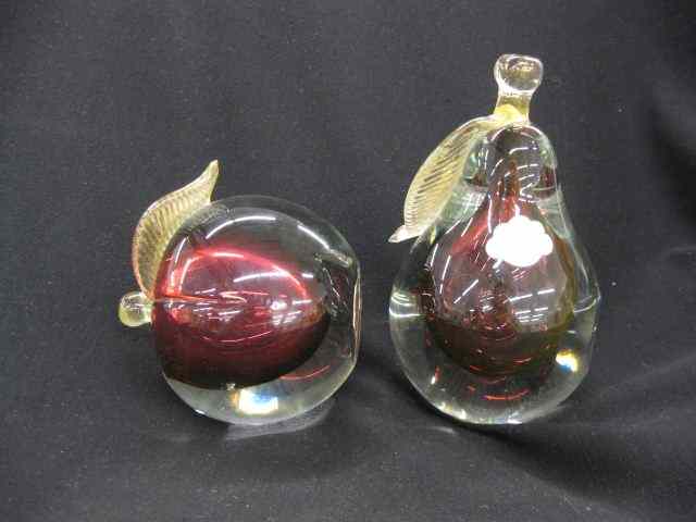 Appraisal: Barbini Art Glass Paperweight Bookends apple and pear with rich