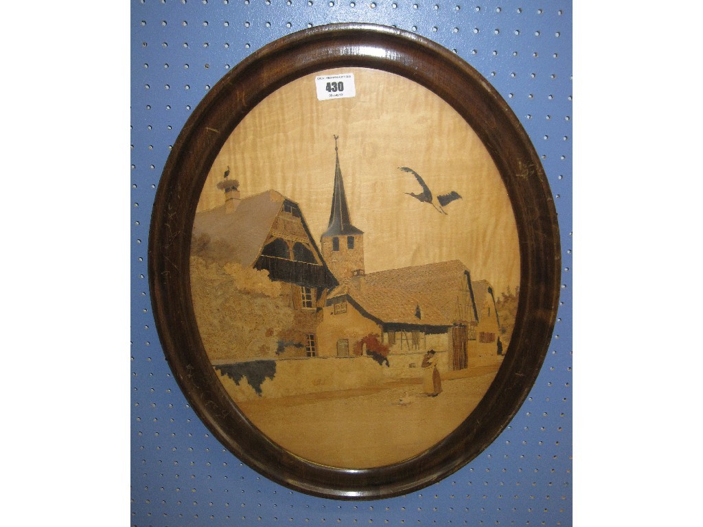 Appraisal: Decorative wooden wall panel with mixed wood inlaid street scene