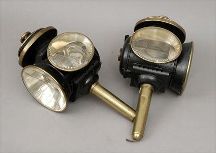 Appraisal: Pair of Brass and T le Carriage Lamps x in