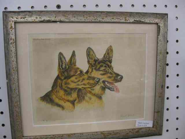 Appraisal: Paul Wood Etching German Shepherds '' x '' pencil signed