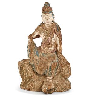 Appraisal: CHINESE WOOD CARVED BUDDHA Seated Guanyin painted in red white