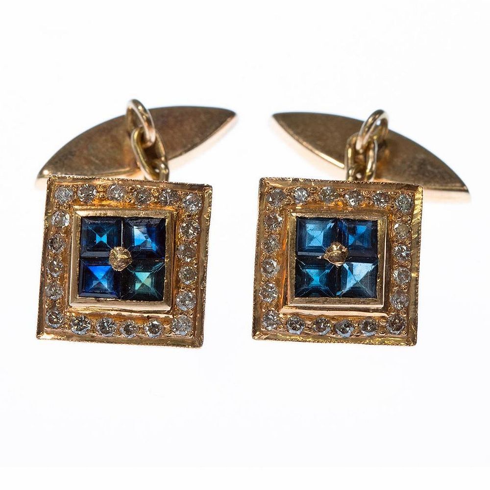 Appraisal: Pair of sapphire diamond k gold cufflinks the square-shaped cufflinks