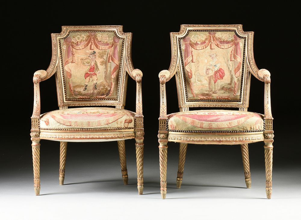 Appraisal: A PAIR OF LOUIS XVI STYLE AUBUSSON UPHOLSTERED PARCEL GILT