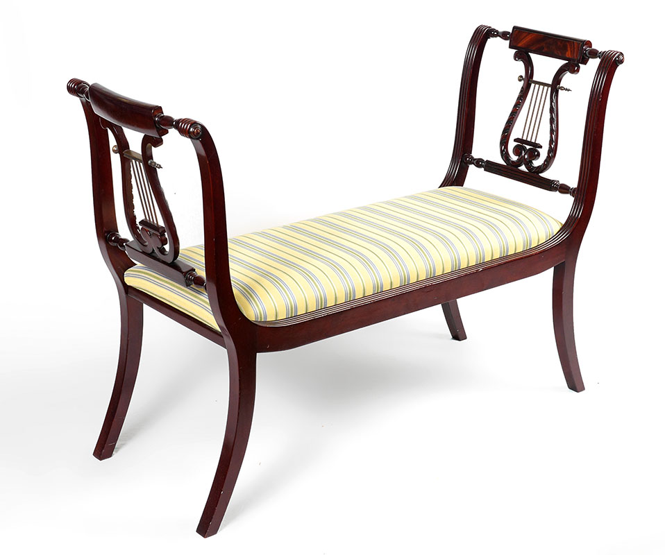 Appraisal: MAHOGANY REGENCY STYLE DOUBLE LYRE WINDOW BENCH Mahogany frame with