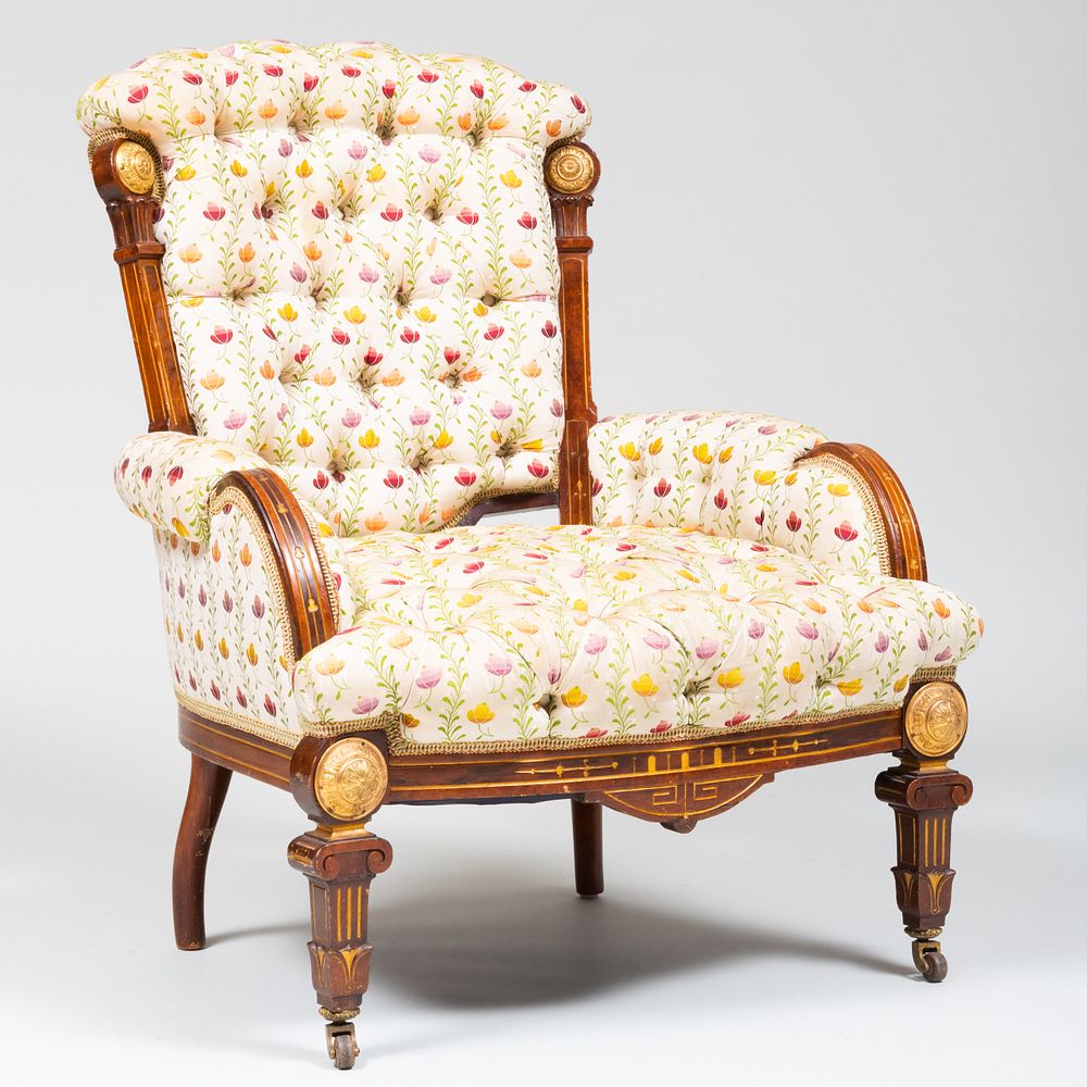 Appraisal: Victorian Gilt-Bronze-Mounted Mahogany and Parcel-Gilt Parlor Chair Attributed to Pottier