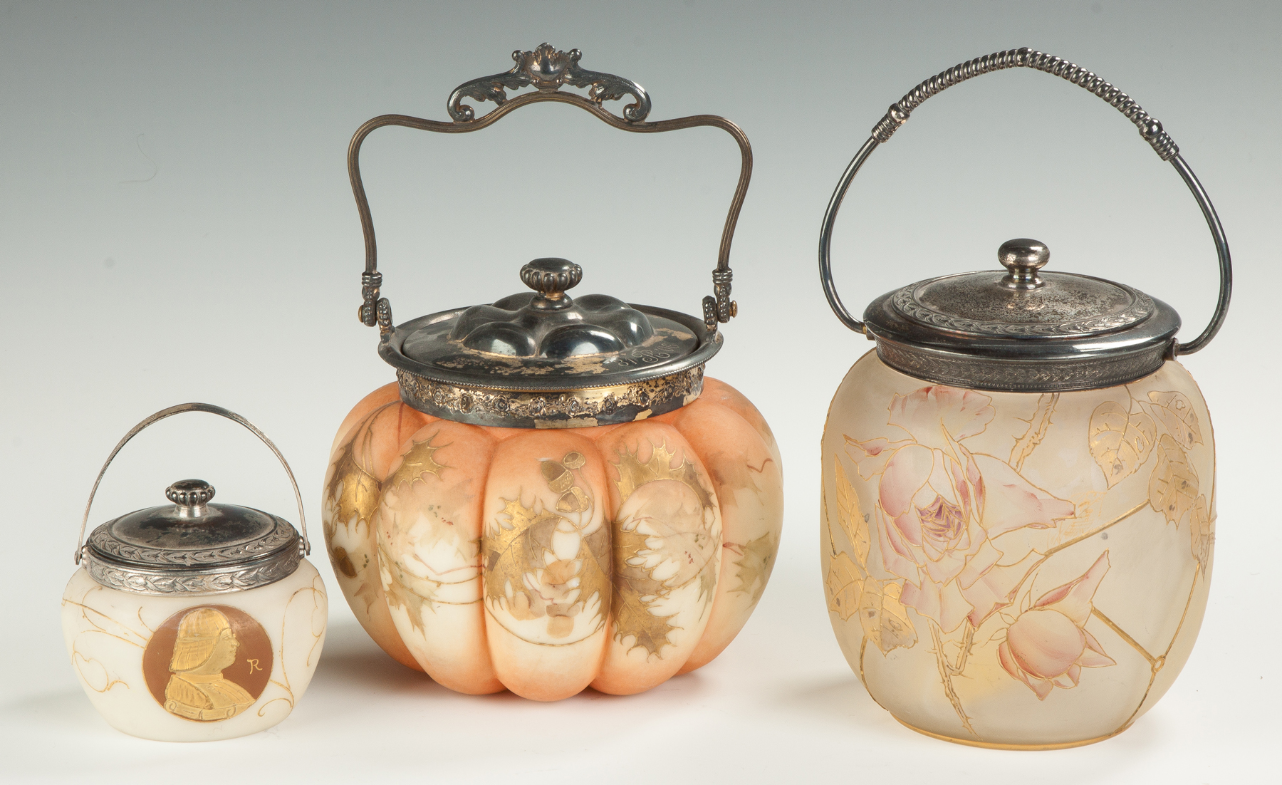 Appraisal: Three Biscuit Jars th cent Mt Washington type with portrait