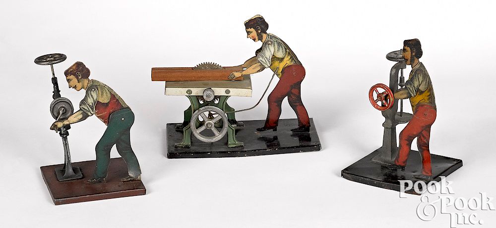 Appraisal: Three lithograph tin workmen steam toy accessories Three lithograph tin