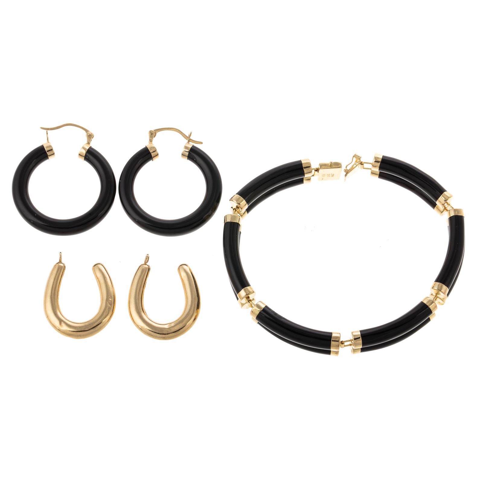 Appraisal: A BLACK ONYX BRACELET TWO PAIRS OF EARRINGS IN K