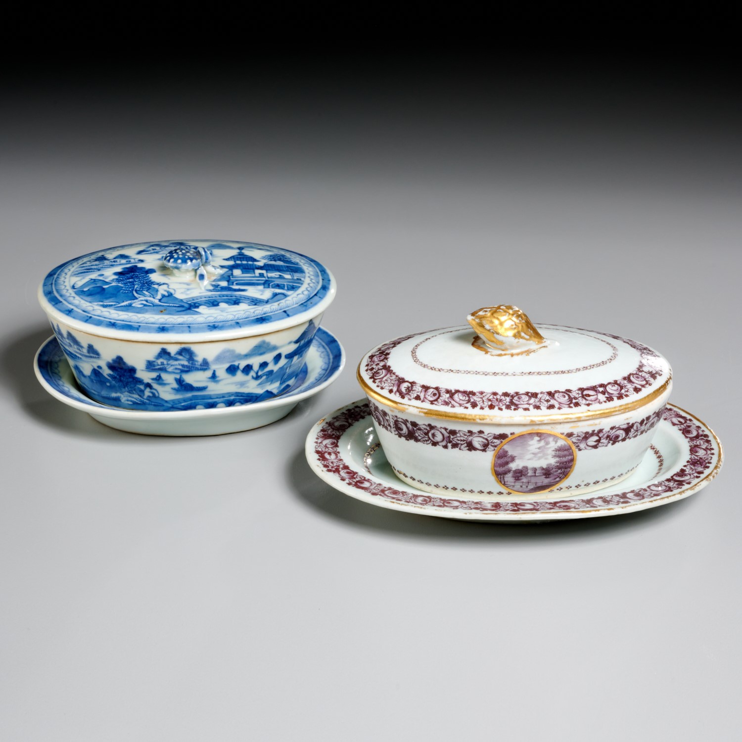 Appraisal: CHINESE EXPORT LIDDED BUTTER DISHES AND STANDS c including a