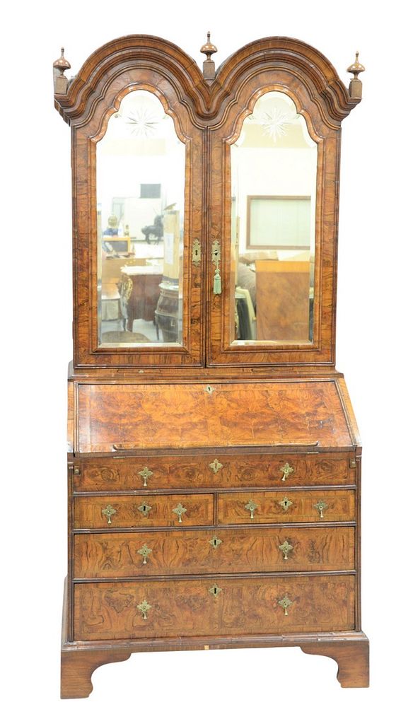 Appraisal: George I Figured Walnut Double-Domed Bureau Bookcasein two parts the