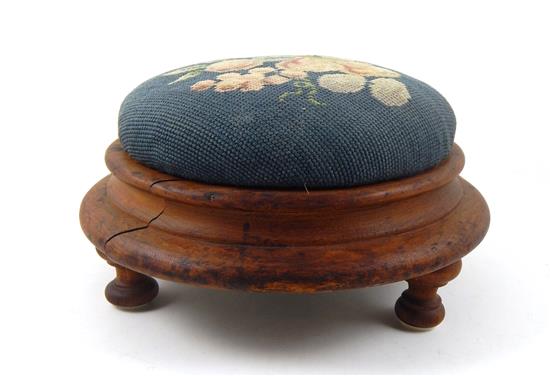 Appraisal: th C Victorian circular footstool walnut needlepoint top with floral