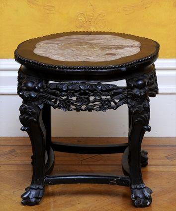 Appraisal: CHINESE CARVED ROSEWOOD MARBLE-INSET JARDINI RE STAND The eight-lobed top