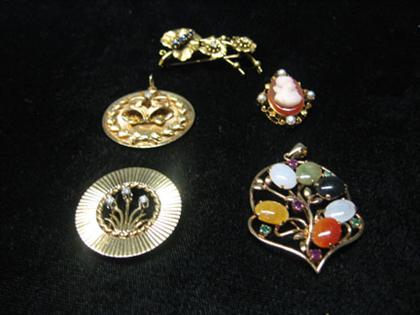 Appraisal: Group of five gem set brooches All karat yellow gold