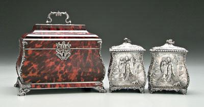 Appraisal: George III tea caddies tortoise case pair George III silver