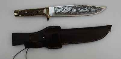 Appraisal: Linder Bowie knife with engraved blade - boxed