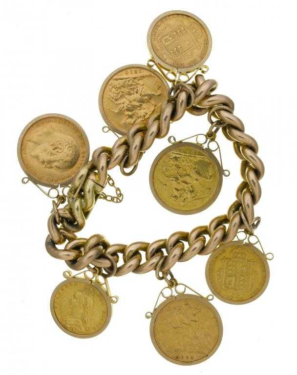 Appraisal: A GOLD COIN BRACELET the curb chain marked ct and