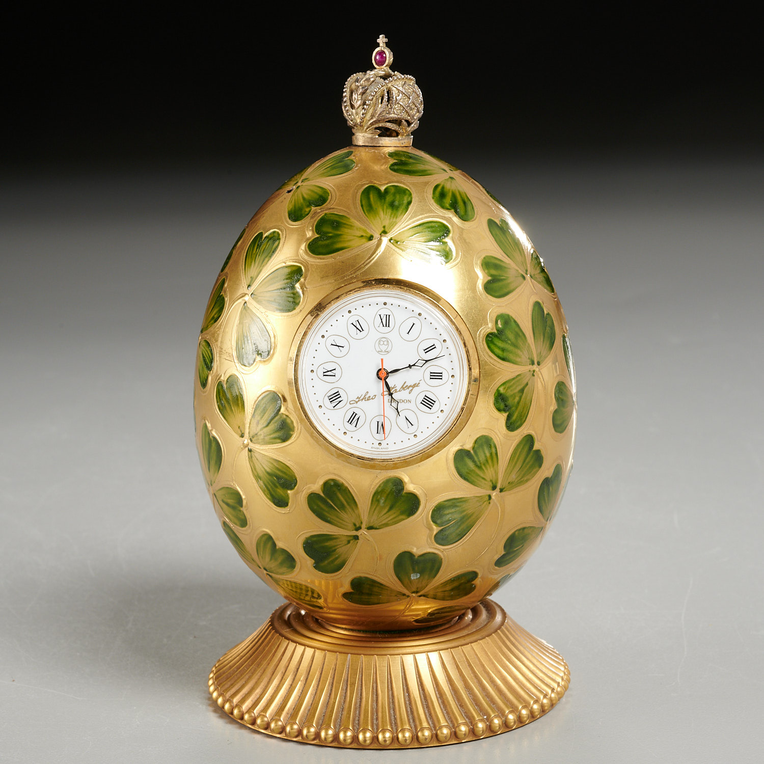 Appraisal: THEO FABERGE CLOVER EGG TABLE CLOCK th c England green