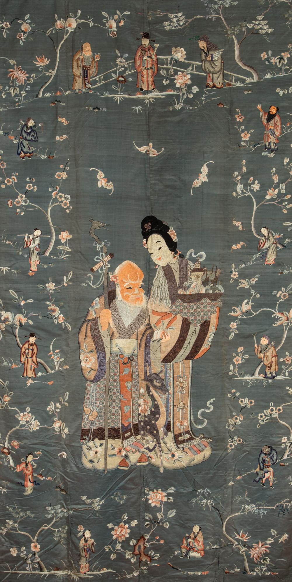 Appraisal: Chinese Embroidered Blue Silk Panel Symbolic of Longevity worked in