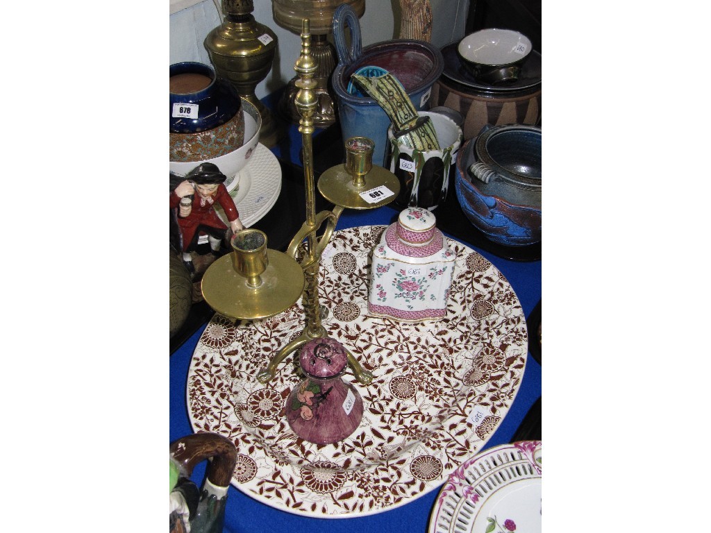 Appraisal: Lot comprising Victorian platter brass candelabra Torquay pottery castor etc