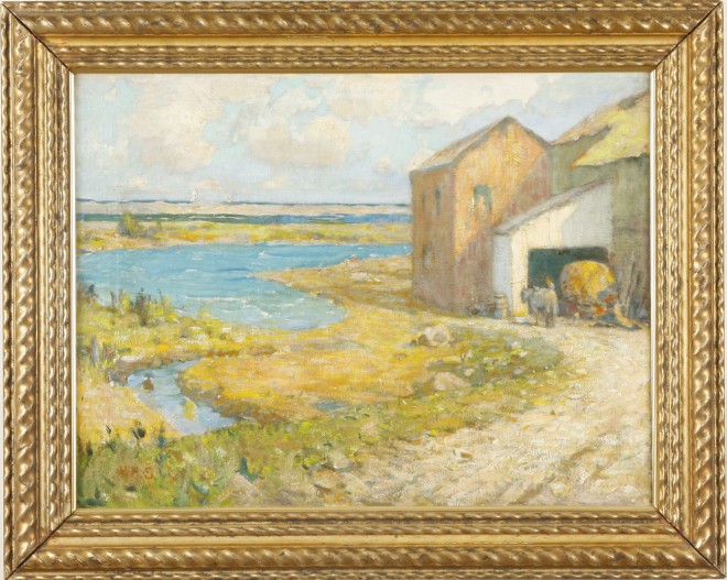 Appraisal: Henry B Snell Farm scene at water's edge oil on