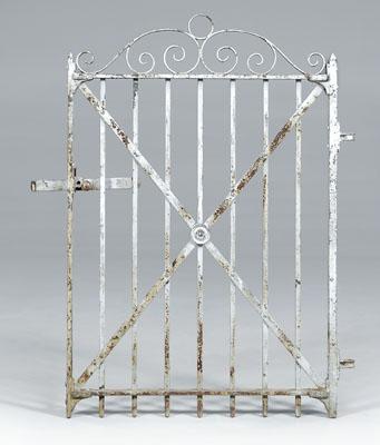 Appraisal: Painted wrought iron gate scrolled top and open bars with