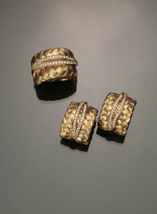 Appraisal: -Karat Yellow-Gold and Diamond Three-Piece Ensemble Consisting of a ring